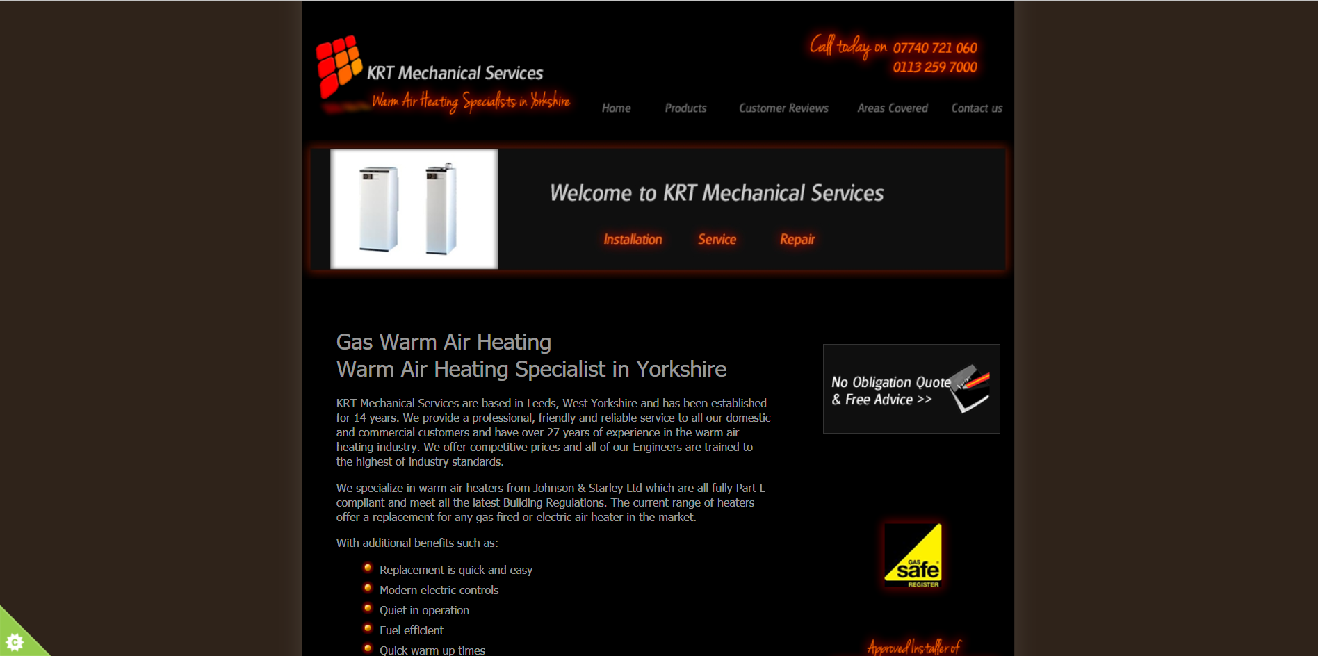 Sample of the design work on the KRT Mechanical Services website